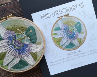 Passionflower Embroidery kit -  Botanical hoop art embroidery design - Floral needlework project