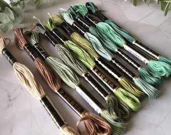 Green Embroidery Thread Pack: 10 Cotton Skeins, Foliage Colors