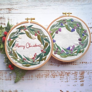 Christmas Embroidery. Floral Wreath embroidery Pattern. Pre Printed Fabric Panel. Sewing Pattern. hand embroidery pattern image 1