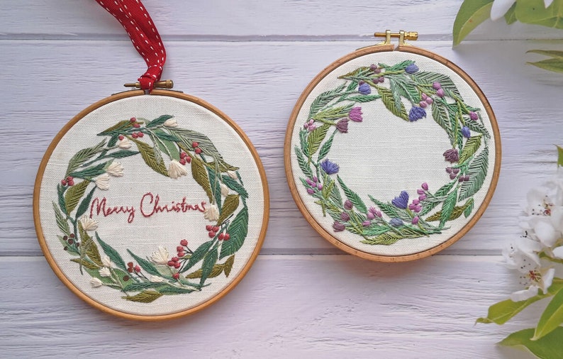 Christmas Embroidery. Floral Wreath embroidery Pattern. Pre Printed Fabric Panel. Sewing Pattern. hand embroidery pattern image 4