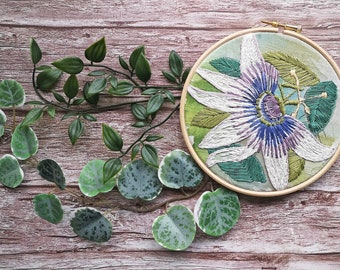 Embroidery pattern, Passionflower Floral embroidery pattern on linen, pre printed floral crewel design