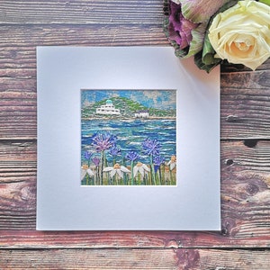 Burgh Island view hand Embroidery pattern, Contemporary coastal embroidery Design