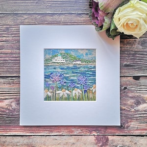 Handbroderimönster med utsikt över Burgh Island, modern kustbroderidesign