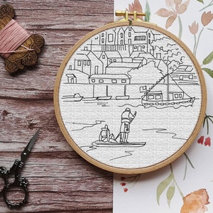 PDF Pattern - Paddleboarders Coastal Embroidery Design, Easy Stitching Project, Nautical Decor, DIY Craft for Beginners & Experts