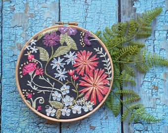 Embroidery pattern, Midnight blooms botanical embroidery pattern for beginners