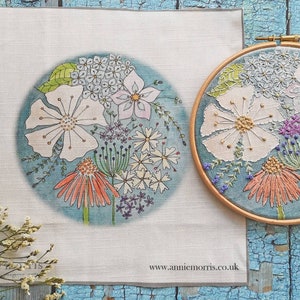 Embroidery pattern, Hand embroidery design, Cosmos flower pre printed linen to embroider
