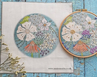 Embroidery pattern, Hand embroidery design, Cosmos flower pre printed linen to embroider