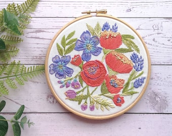 Embroidery Pattern - Poppies Floral hand embroidery design - hoop art pattern - free motion machine embroidery pattern - Crewel embroidery