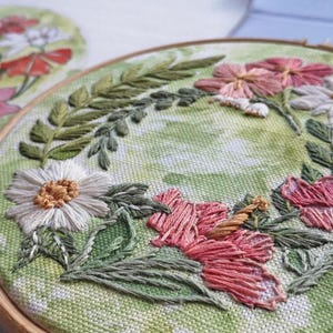 Puede incluir: Primer plano de un bastidor de bordado floral con flores rosas, blancas y naranjas con hojas verdes sobre un fondo verde claro. El bordado está colocado en un bastidor de madera. Una acuarela está en el fondo.