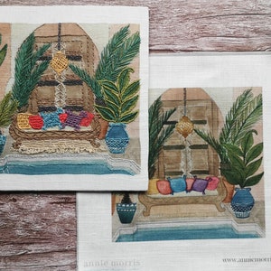 Marokkaanse binnenplaats tuin linnen borduurpatroon ontwerp, modern borduurhoepel kunstpaneel, vierkant borduurontwerp, handwerkpatroon