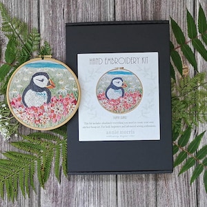 Embroidery Kit, Luxury Puffin Hoop art kit, modern hand embroidery kit, colorful stitching project for beginners, sealife needlework