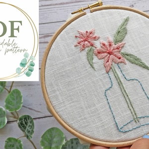 Floral Embroidery Pattern: Pink Flowers in Bottle (PDF Pattern)