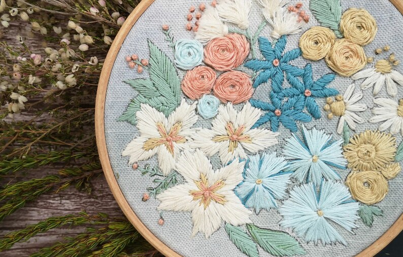 Embroidery pattern, Pastel blooms floral hand embroidery design image 3