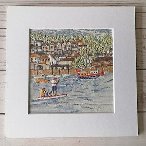 Embroidery pattern, Harbour scene hand embroidery pattern on linen mix fabric