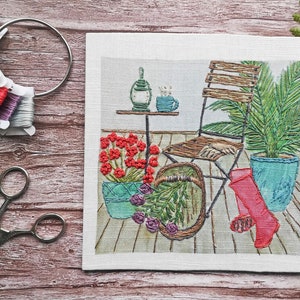 Tea Break Luxury linen mix embroidery pattern, embroidery kit, needlework design,  needlepoint panel, Hand embroidery project