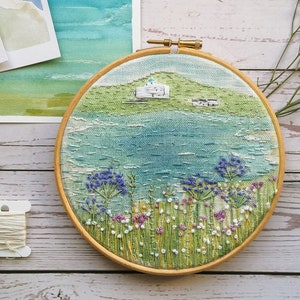Hand Embroidery pattern, Coastal embroidery pattern, seaside embroidery pattern, burgh island hotel, needlework design,  needlepoint panel