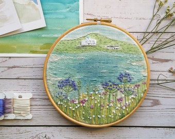 Hand Embroidery pattern, Coastal embroidery pattern, seaside embroidery pattern, burgh island hotel, needlework design,  needlepoint panel