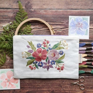 Make Your Own Hand Embroidered Pouch Kit - Embroidery Starter kit  - Beginners embroidery set