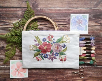 Floral Handstickerei Beutel Kit: Leinen Baumwolle, Anfänger Set