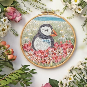 Puffin embroidery pattern on linen