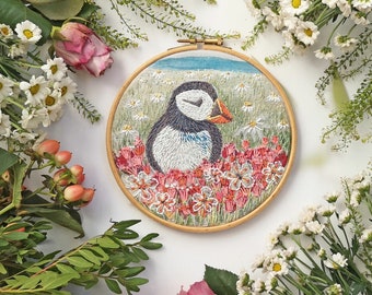 Puffin embroidery pattern on linen