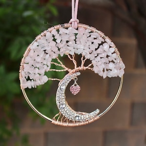 Moon and heart charm, Rose Quartz beaded Tree Of Life Decor, suncatcher, wall art