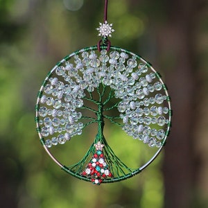 Christmas Tree charm with clear glass beaded tree of life decor, dreamcatcher, suncatcher, wall art, window decoration