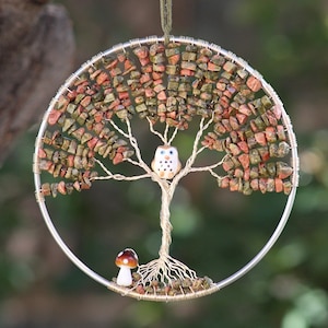 Nurturing energy of Unakite Jasper crystal beaded Tree Of Life decor wall art suncatcher with owl