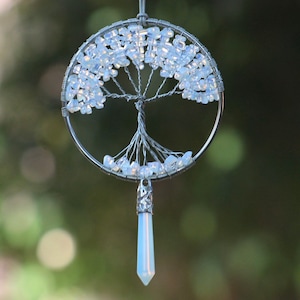 Enhance your intuition. Moonstone like opalite crystals beaded Tree Of Life Decor, wall art suncatcher, dreamcatcher
