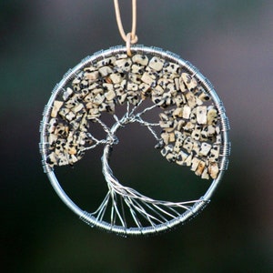 Family supporting crystal beaded Tree Of Life with Dalmatian Jasper stones. Children and animal calming.