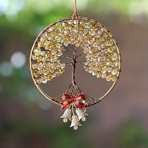 Orange glass beaded, Tree Of Life Decor, wall art, suncatcher, window decoration with Christmas bell charm
