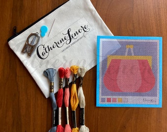 DIY Stitch Kit | Red & Pink Coin Purse Needlepoint Kit | Purses Needlepoint Kit