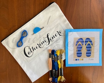 DIY Stitch Kit | Blue Stripe Flip Flops | Flip Flops Needlepoint Kit