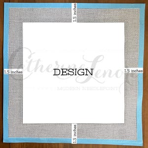 May include: A white canvas with a blue border, measuring 1.5 inches on each side. The canvas is marked with a grid pattern and the text "DESIGN" is printed in the center.