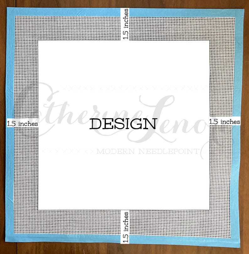 May include: A white canvas with a blue border, measuring 1.5 inches on each side. The canvas is marked with a grid pattern and the text "DESIGN" is printed in the center.