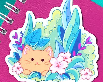 Cat Hiding in Plants Vinyl Sticker | Cute Cat Vinyl Sticker | Glossy & Holographic Vinyl