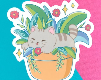 Gray Cat with Plants Vinyl Sticker | Cute Cat Vinyl Sticker | Glossy & Holographic Vinyl