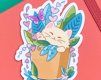 Cat with Plants Vinyl Sticker | Cute Cat Vinyl Sticker | Glossy & Holographic Vinyl