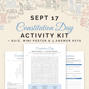 Puede incluir: Un kit de actividades para el Constitution Day que incluye una sopa de letras, un crucigrama y una hoja de trabajo sobre el preámbulo. La parte superior muestra el texto SEPT 17 Constitution Day ACTIVITY KIT + QUIZ, MINI POSTER & 3 ANSWER KEYS.