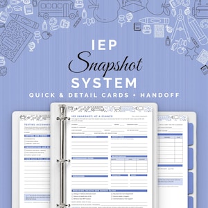 May include: A light purple binder containing IEP Snapshot System documents with white text and line art icons of school supplies. The pages feature sections for student information, testing accommodations, priority goals, and behavior health flags.