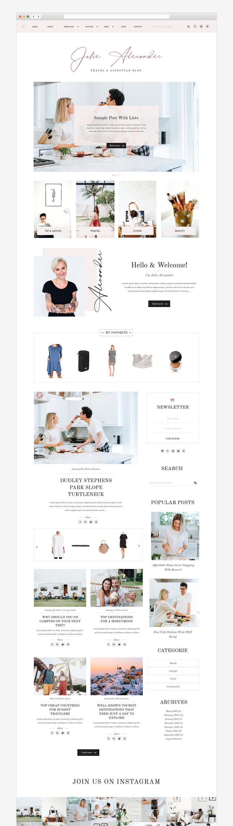 May include: A website screenshot of a travel and lifestyle blog featuring a white background with images of people, places, and products. The blog includes a header with the title "Julie Alexander Travel & Lifestyle Blog", a welcome message, a section for featured posts, and a section for popular posts. The blog also includes a newsletter signup form, a search bar, and a social media section.