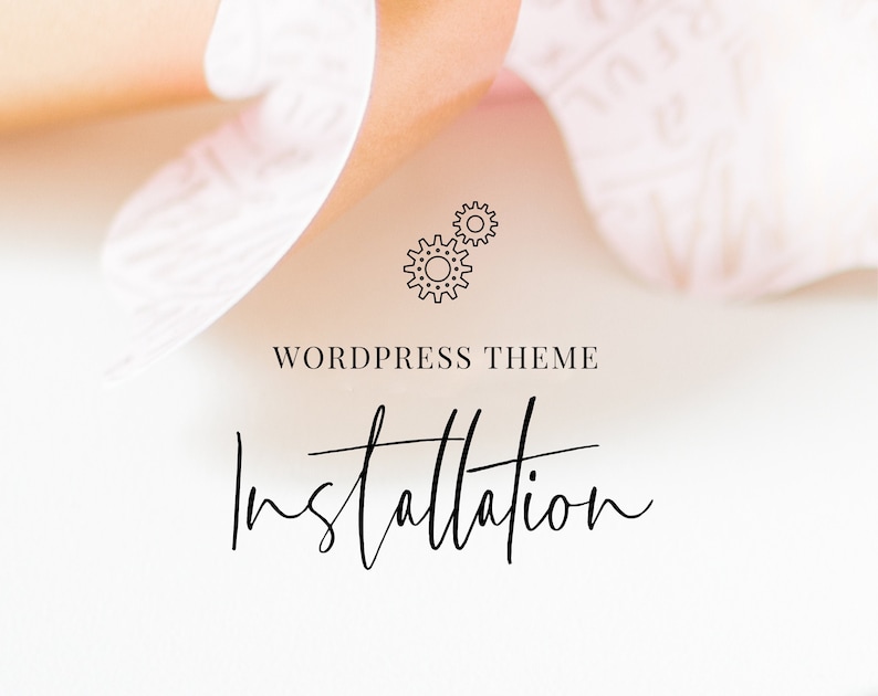 May include: A white background with a pink flower petal in the top right corner. The text "WordPress Theme Installation" is centered on the page with two small gear icons above the text.