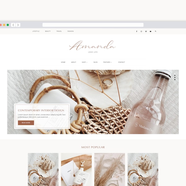 Feminine WordPress eCommerce Theme - Amanda, Multipurpose Elementor WordPress Theme for Bloggers, Genesis Fully Responsive Premade Template