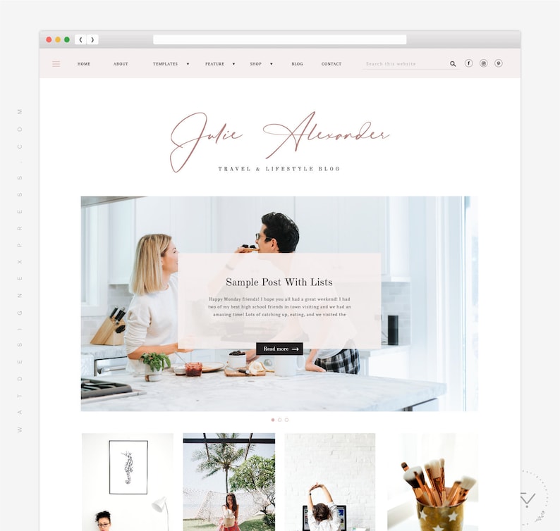 May include: A website homepage for a travel and lifestyle blog called "Jolie Alexander". The homepage features a blog post titled "Sample Post With Lists" with a photo of two people in a kitchen. The homepage also features a grid of smaller images.