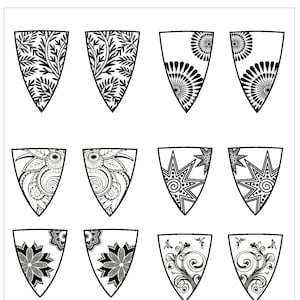 May include: A sheet of black and white roller print patterns for jewelry making. The patterns are in the shape of a shield and feature various designs, including floral, geometric, and abstract motifs. The sheet is labeled "Earring Pairs #1 #J2104 5" x 7" / 127mm x 178mm".
