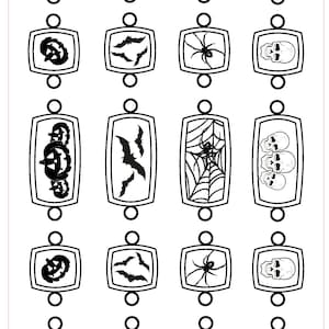 May include: Black and white Halloween-themed link bracelet pattern. The design features various spooky elements such as bats, spiders, spiderwebs, skulls, and jack-o'-lanterns. The pattern is 5 inches by 7 inches (127mm x 178mm).
