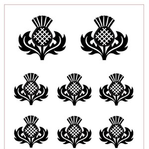 May include: A sheet of black thistle patterns, a Rollerprint Pattern, arranged in rows and columns. The thistles are detailed with a central grid design and spiky leaves. The sheet measures 3"x4" (76mmx102mm). The text "Thistle #1" and "C2204" are also present.