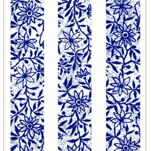May include: Three vertical floral paper ring bands with a blue and white pattern. The design features stylized flowers and leaves. The bands are 50mm by 89mm.
