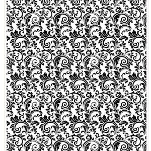 May include: Black and white roller print pattern with a repeating design of stylized floral scrolls. The pattern is called "Western Scroll #1 #G2148" and measures 4 inches by 5 inches or 102 mm by 127 mm.