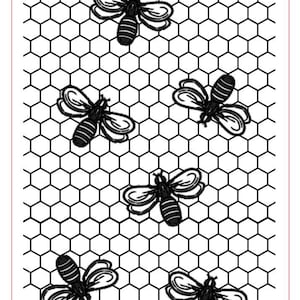 May include: Black and white rollerprint pattern featuring a honeycomb design with bees. The pattern is 2.0" x 7" (51mm x 178mm). The text "Busy Bees Cuff MC" is visible.
